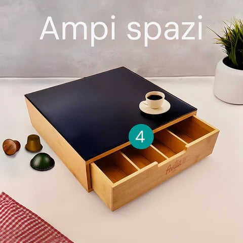 Cassetto Porta Capsule e Cialde in Bambù con Ripiano in Vetro