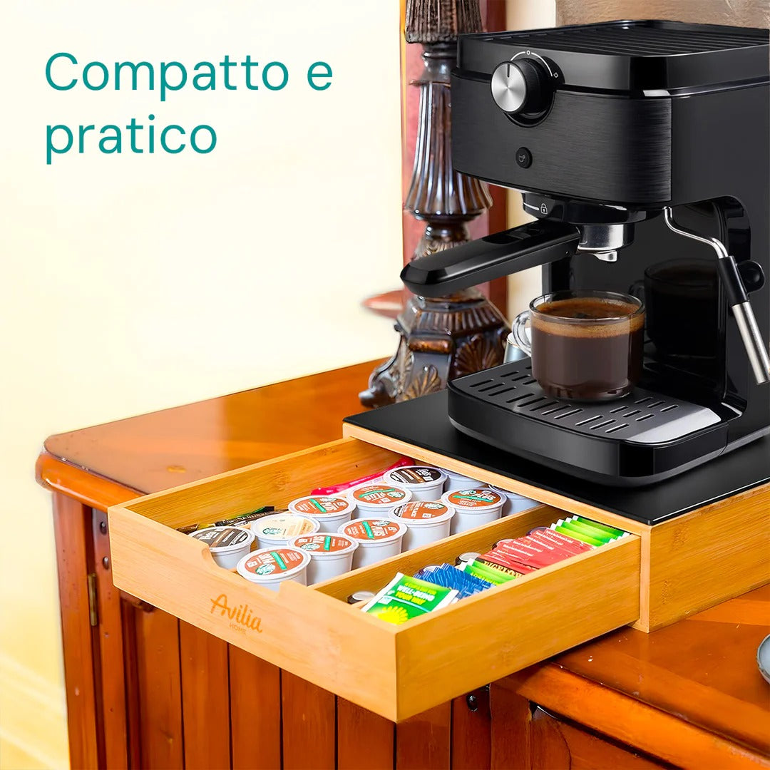 Cassetto Porta Capsule e Cialde in Bambù con Ripiano in Vetro